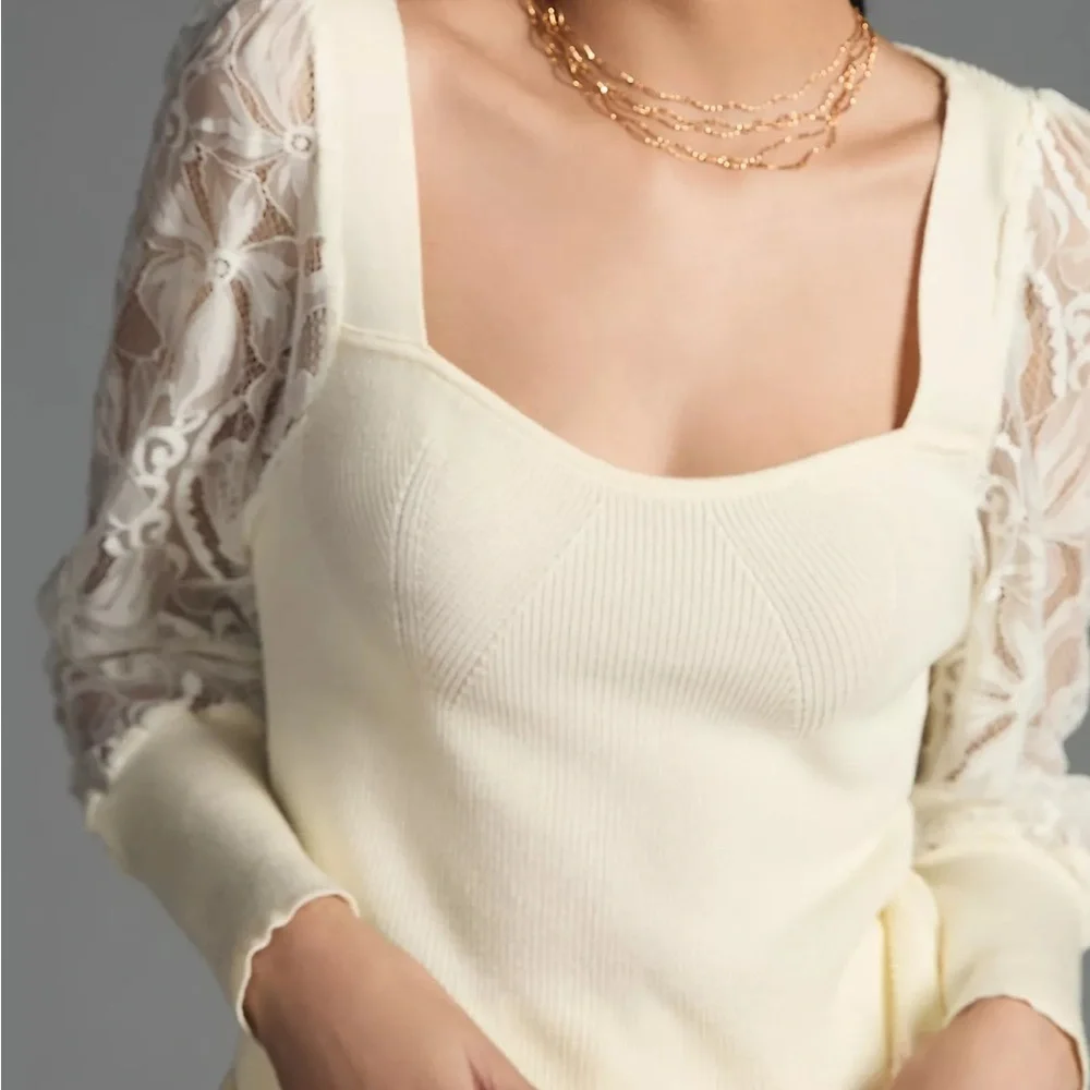 Anthropologie Ivory Lace Sleeve Sweater - Picture 4 of 11